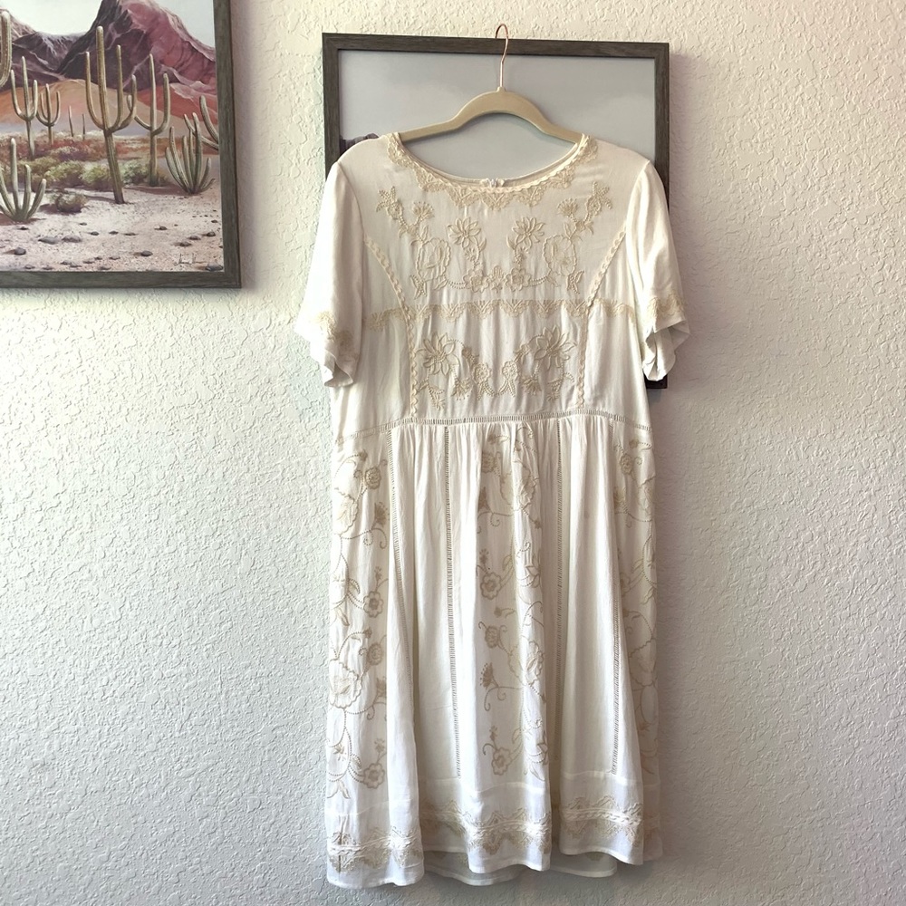 Roolee White Embroidered Knee-length Dress